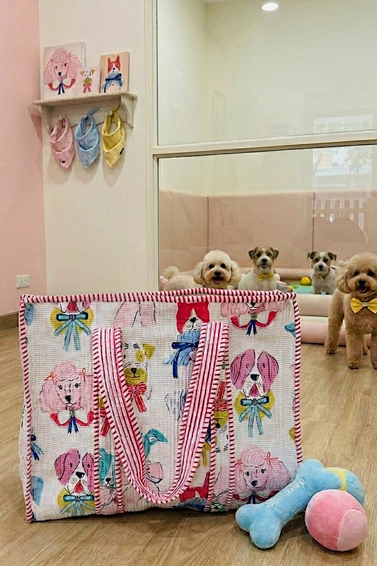 Quilted Tote, Pups & Bows