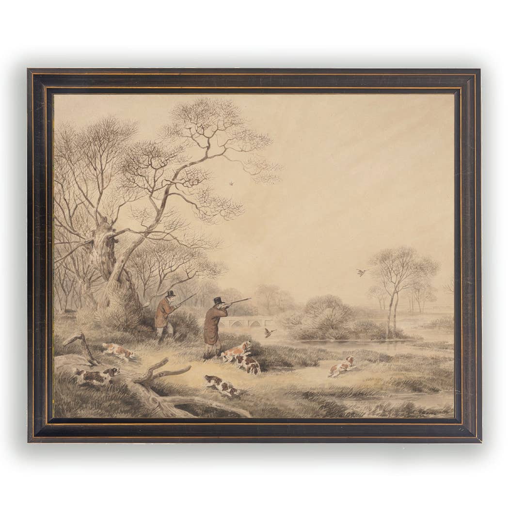 Vintage Hunting Scene Drawing, Black Frame