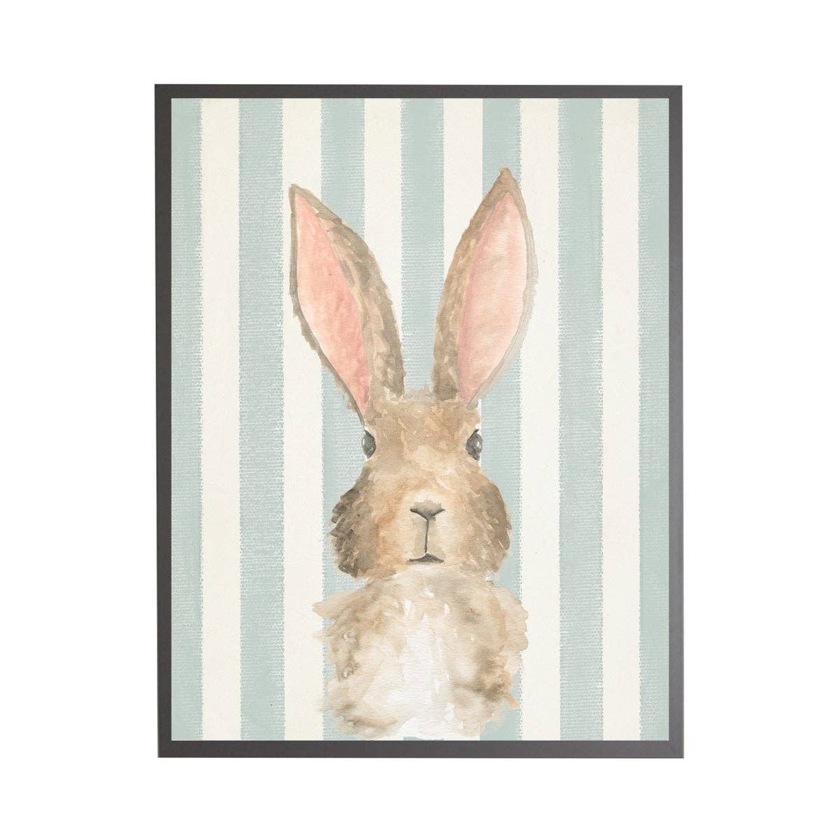 Watercolor Baby Bunny On Blue Stripes, White Frame