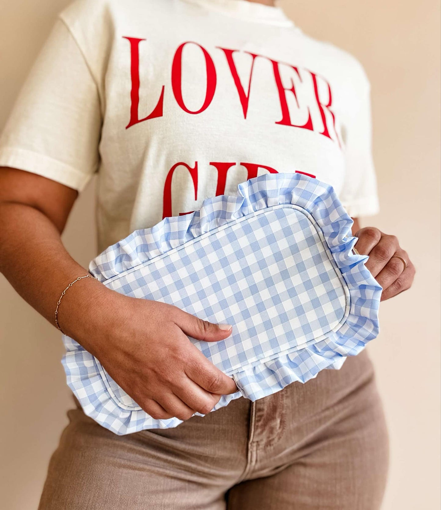 Gingham Ruffle Cosmetic Bag