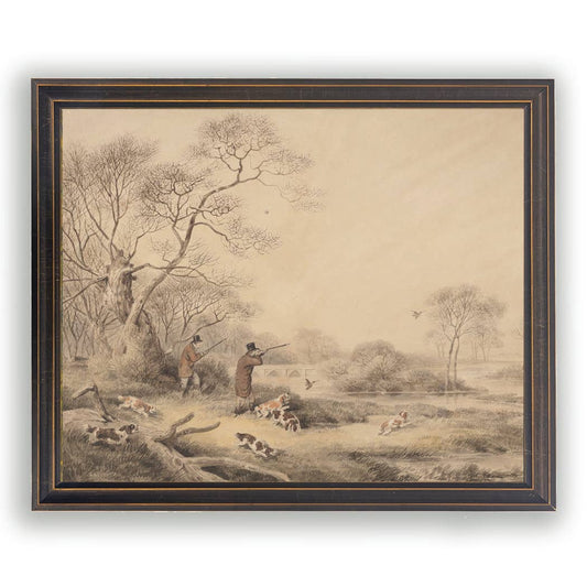 Vintage Hunting Scene Drawing, Black Frame