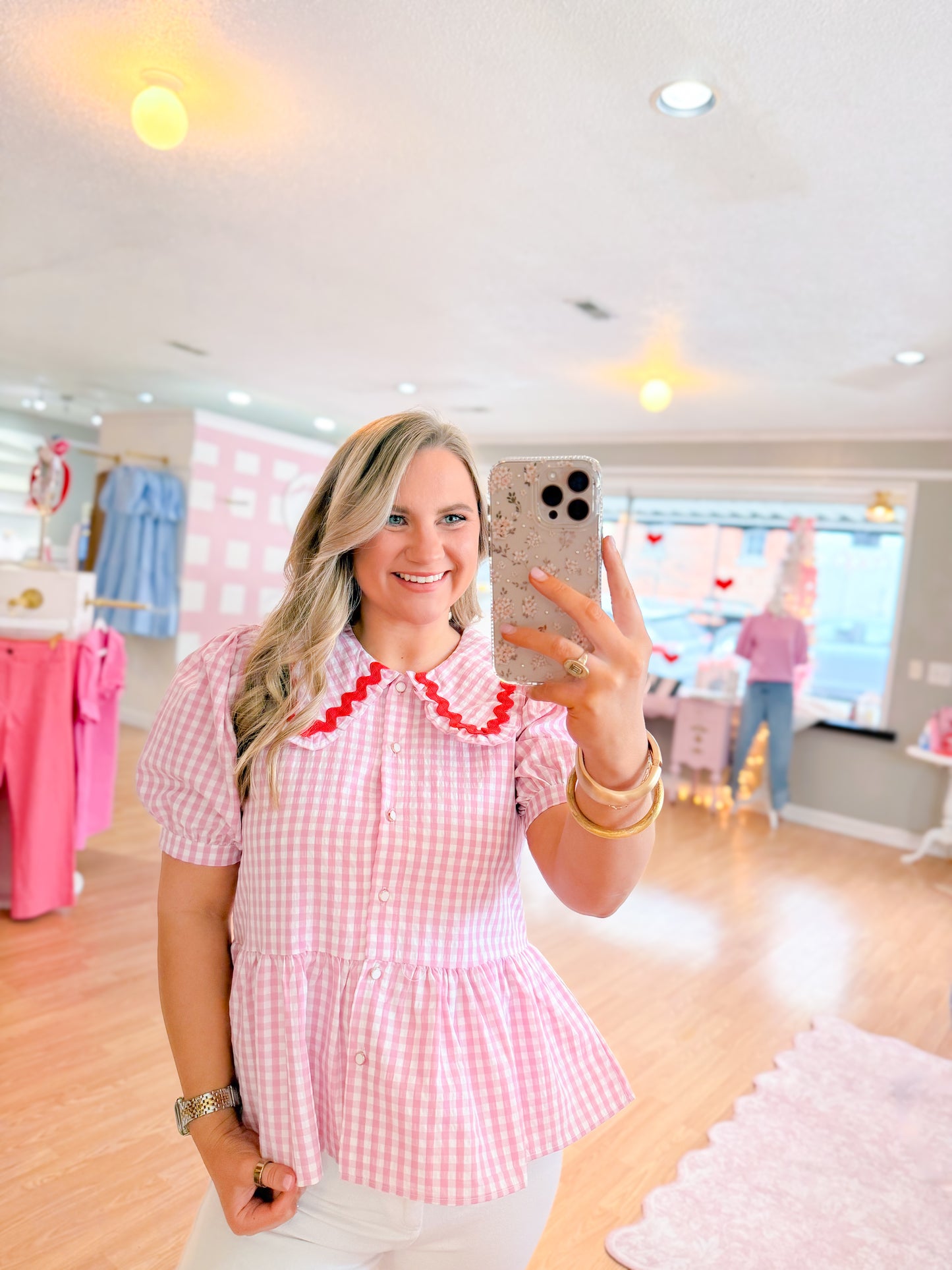 Jolie Peplum Top, Pink Gingham