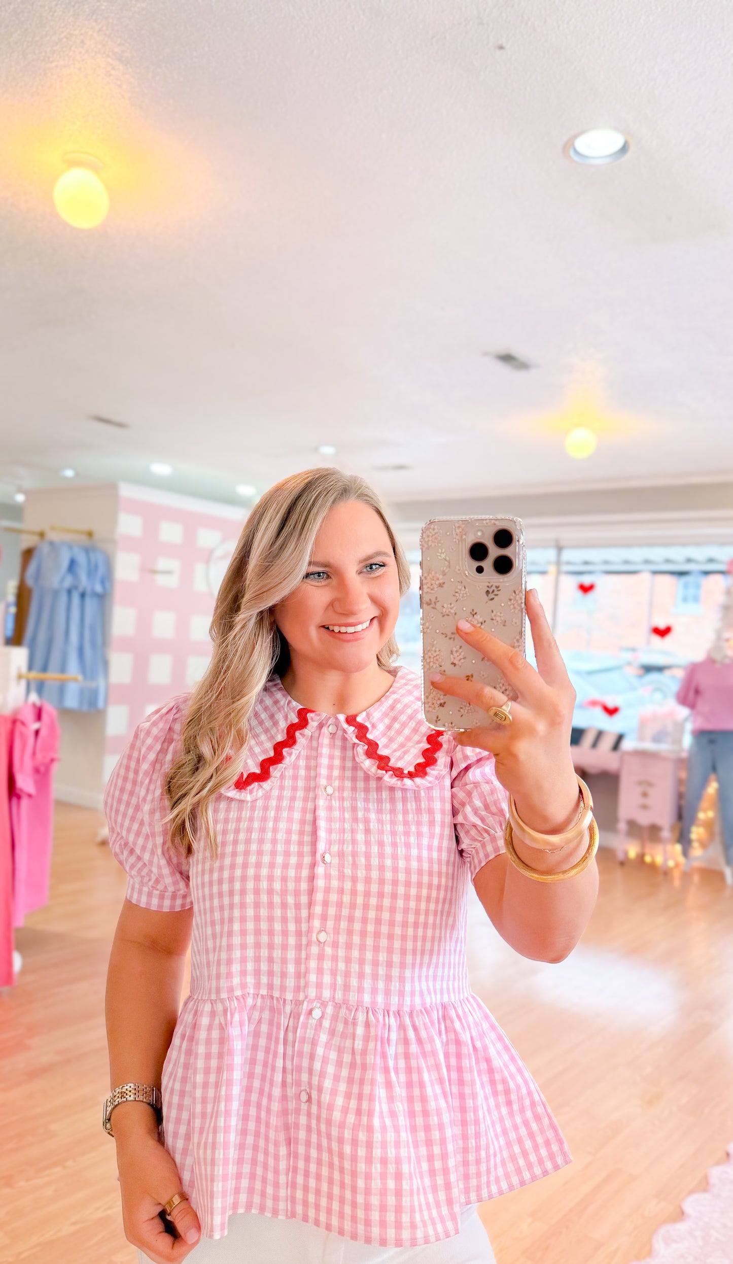 Jolie Peplum Top, Pink Gingham