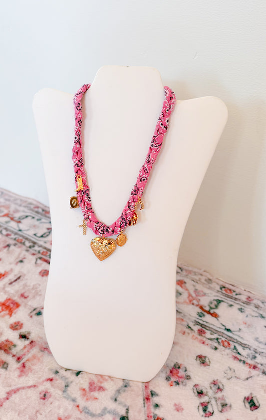 Gold Charm + Pink Bandana Scarf Necklace
