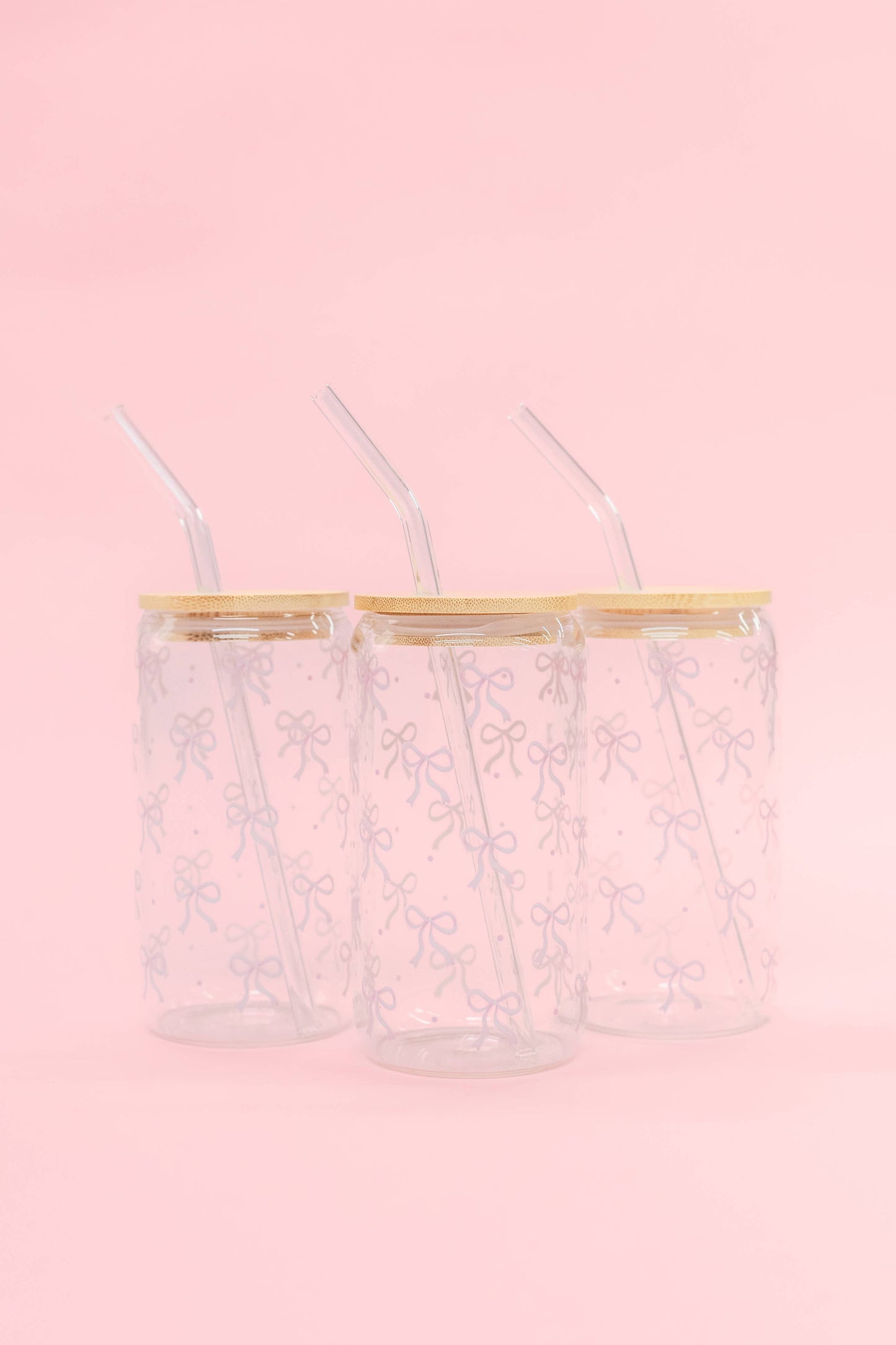 Latte Glass With Lid & Straw, Pink Bow