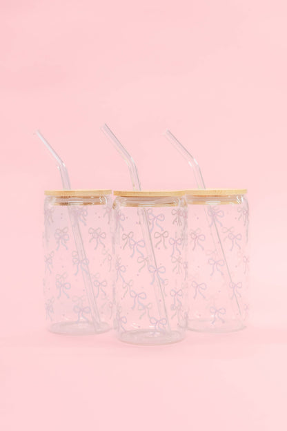 Latte Glass With Lid & Straw, Pink Bow