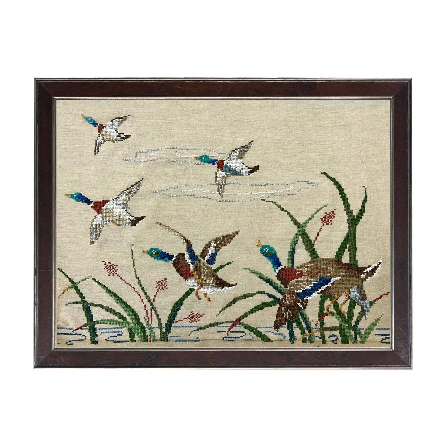 Vintage Mallard Needlepoint, Wooden Frame